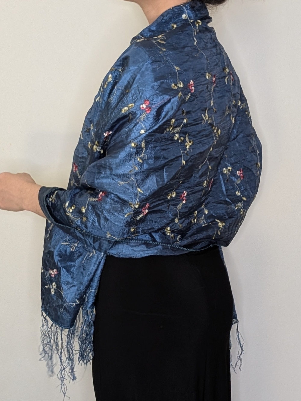 Silk Embroidered Floral Shawl in Navy Blue